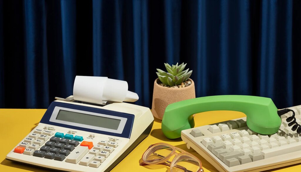 Taxe d'apprentissage 2023 - Équipements de bureau vintage : grosse calculatrice, ancien clavier beige, combiné de téléphone vert et lunettes rétro posées sur une tableau jaune