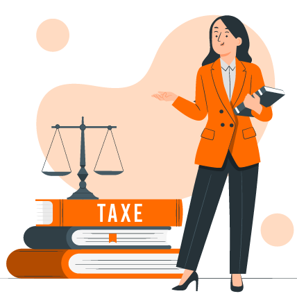 Illustration : Une femme en tailleur pantalon tient un gros livre dans la main gauche et montre de la main droite une pile de livres sur laquelle est posée une balance représentant la justice, sur le dos d'un des livres est écrit le mot "taxe"