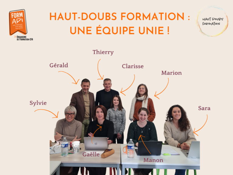Équipe de la formation Haut-Doubs Formation réunie autour d'une table en U lors d'une réunion. De haut en bas et d'arrière en avant : Thierry, Clarisse, Marion, Sylvie, Gaëlle, Manon (devant ordinateur), Sara. Au premier plan assise : Gérald, Thierry, Clarisse, Marion, Sylvie, Gaëlle, Manon et Sara.
