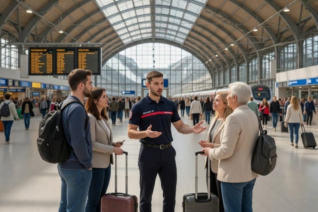 Employé de gare en uniforme bleu marine 'SÉCURITÉ TP' explique avec gestes ouverts à un groupe de voyageurs – un homme barbu avec sac à dos, une femme brune, une dame âgée et une autre femme – au milieu d’un hall de gare animé avec grands écrans d’affichage, trains en arrière-plan et foule de passagers.