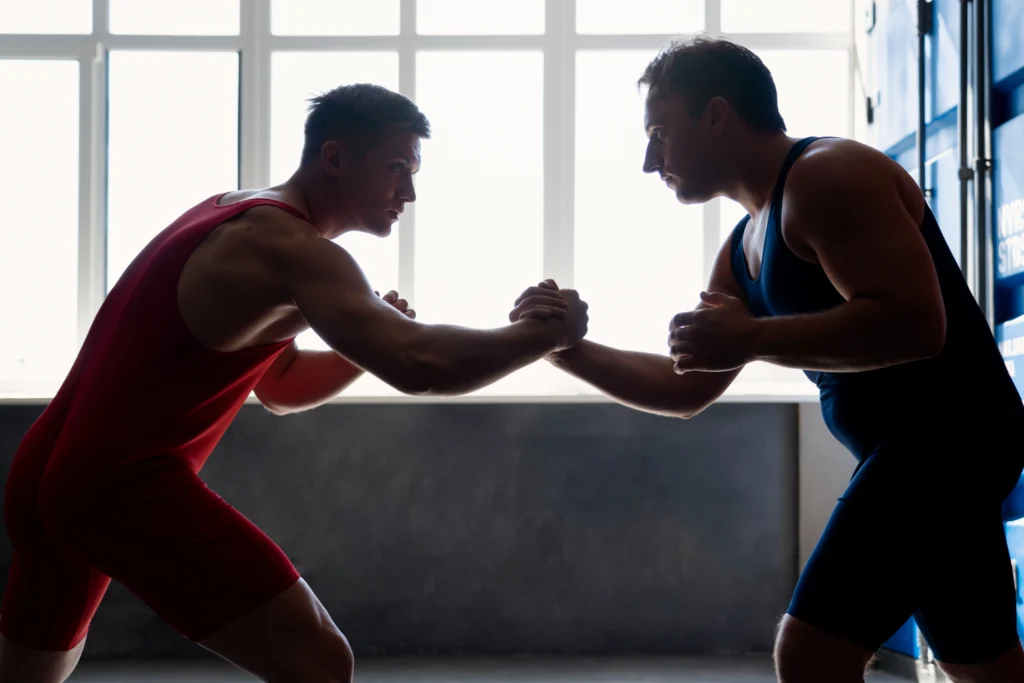 Deux lutteurs musclés en tenue de compétition, l’un en singlet rouge et l’autre en singlet bleu marine, engagés dans un bras de fer intense en contre-jour, silhouettes sombres soulignées par la lumière vive d’une grande fenêtre dans une salle de sport moderne.