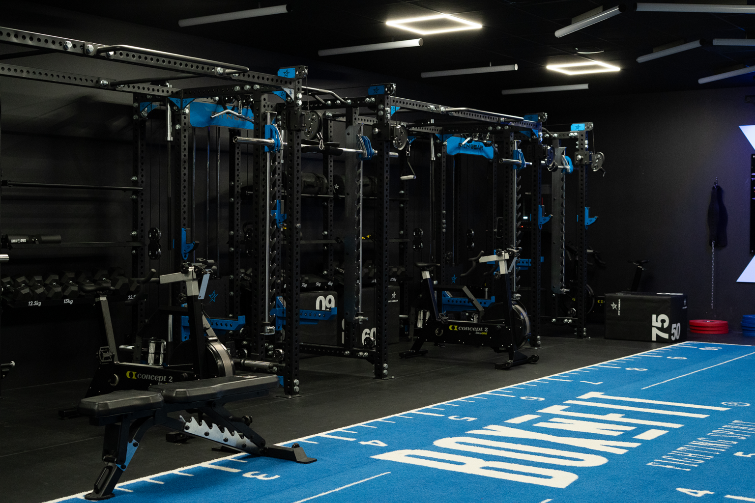 Salle de musculation moderne et sombre avec éclairage LED violet et blanc, grands miroirs couvrant un mur, cages à squat et racks noirs chargés de barres et poids, bancs, haltères, rameurs Concept2, sol bleu marqué 'BOXFIT' et zones numérotées pour les exercices.