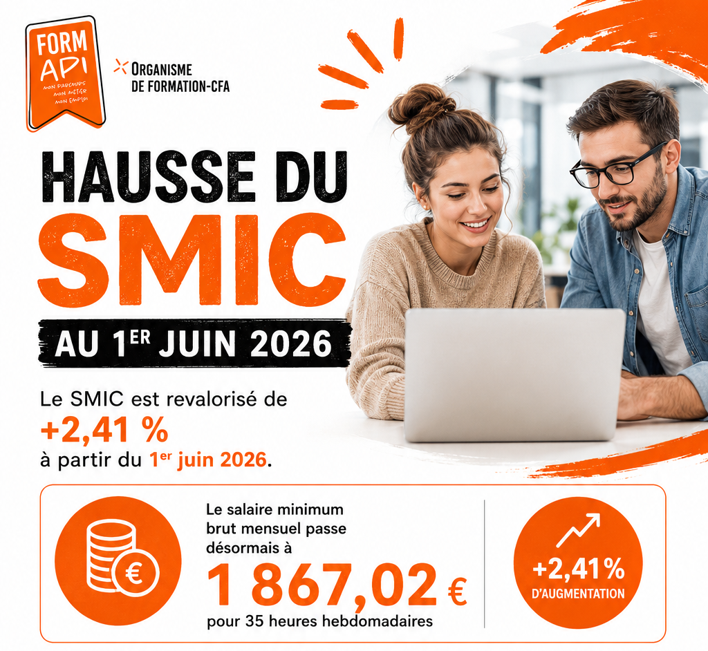 Affiche FORMAPI annonçant la hausse du SMIC de +2,41 % au 1er juin 2026, avec une jeune femme et un homme souriants regardant un ordinateur portable, et les nouvelles valeurs : salaire minimum brut mensuel à 1 867,02 € pour 35 heures hebdomadaires.